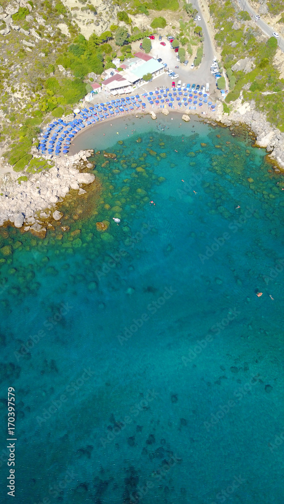 August 2017: Aerial drone photo of famous beach of Ladiko near iconic Anthony Quinn Bay, Rodos island, Aegean, Dodecanese, Greece