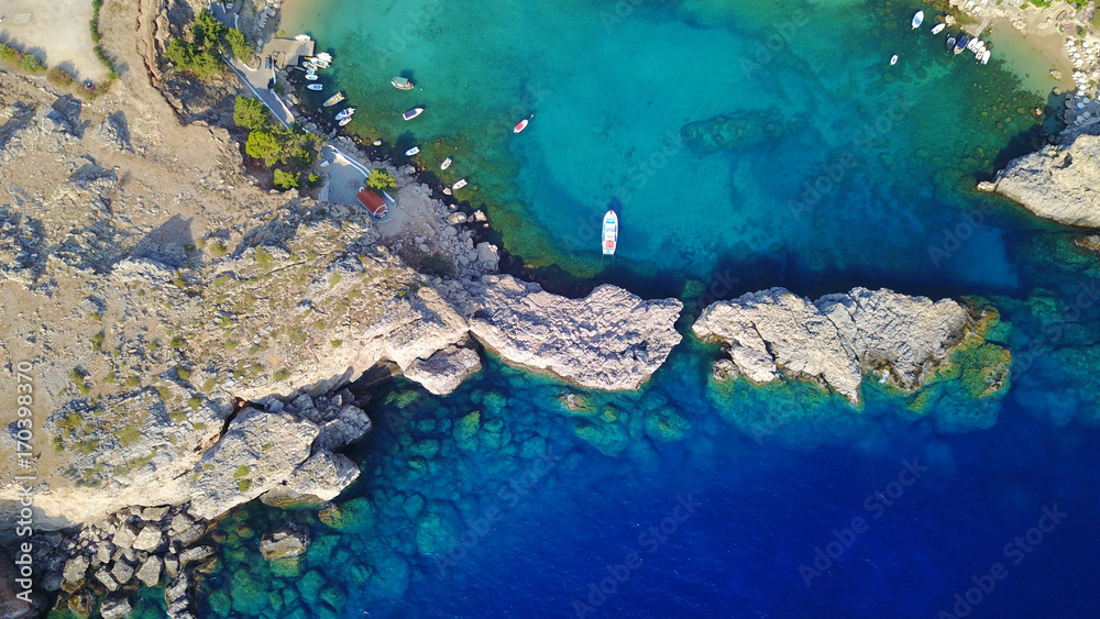  Aerial drone photo of famous St.Paul's bay with turquoise waters, Lindos, Rodos island, Aegean, Dodecanese, Greece