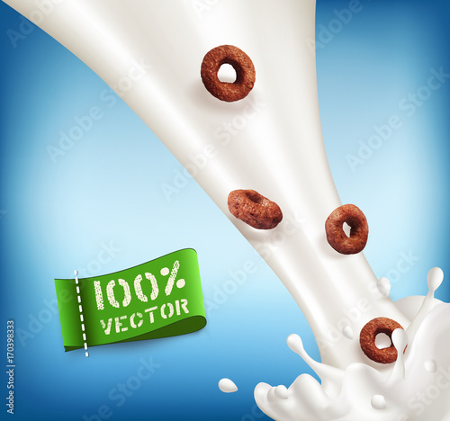 Vector chocolate rings falling in the milk. Milk splash with "fast breakfast" isolated on a blue background. Template for advertising flakes, for promoting products
