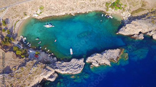  Aerial drone photo of famous St.Paul's bay with turquoise waters, Lindos, Rodos island, Aegean, Dodecanese, Greece