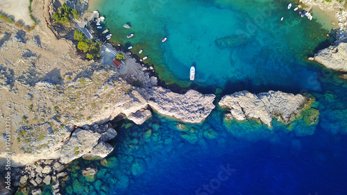  Aerial drone photo of famous St.Paul s bay with turquoise waters  Lindos  Rodos island  Aegean  Dodecanese  Greece