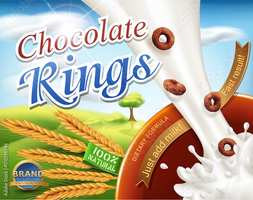 Realistic,vector 3d illustration with a milk splash and chocolate rings pouring into the bowl .Element for modern design packaging, advertising for sales fast breakfasts, healthy foods
