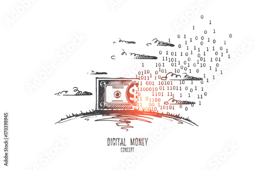 Digital money concept. Hand drawn symbol of virtual money. Banknote dollar became digital money isolated vector illustration.