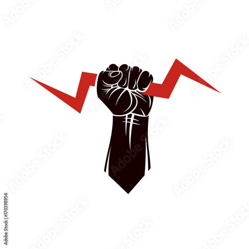 Vector illustration composed using strong muscular raised clenched fist made with lightning symbol. Power and authority concept.
