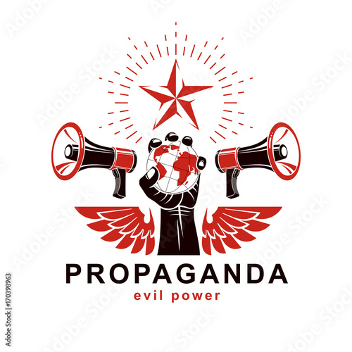 Presentation poster composed with loudspeakers, raised arm holds Earth globe, vector illustration. Propaganda as the means of global manipulation and control.