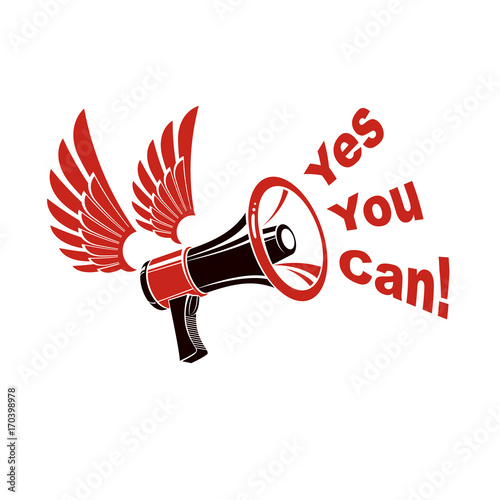 Vector leaflet created with loudspeaker equipment and yes you can inscription. Public information campaign intended to encourage or discourage definite forms of people behavior.