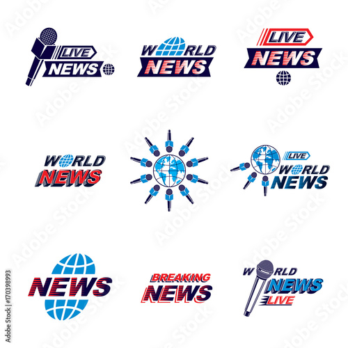 Set of public relations concept and press conference theme vector emblems and posters. Blue Earth, journalistic microphones composed with news writing. News and facts reporting.