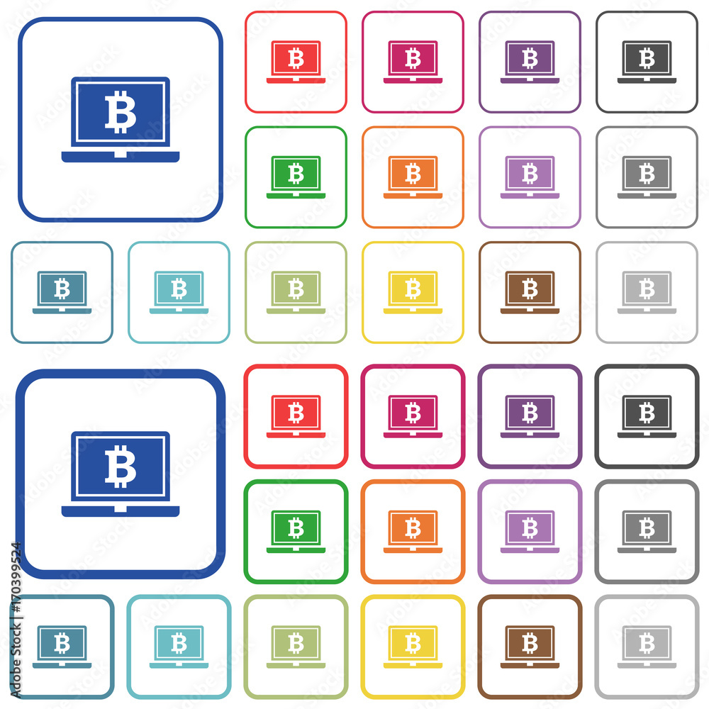Laptop with Bitcoin sign outlined flat color icons Laptop with Bitcoin sign outlined flat color icons