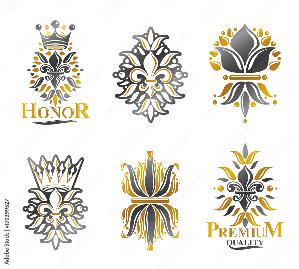 Royal symbols Lily Flowers, floral and crowns, emblems set. Heraldic vector design elements collection. Retro style label, heraldry logo. Royal symbols Lily Flowers, floral and crowns, emblems set. Heraldic vector design elements collection. Retro style label, heraldry logo.