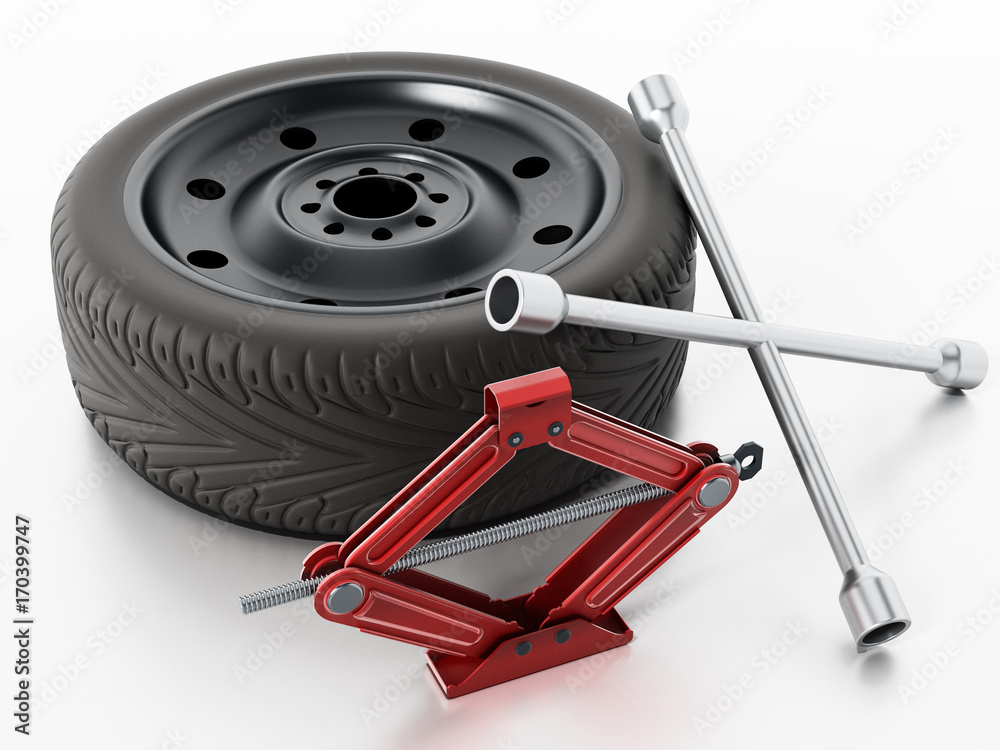 Spare tyre, jack and wheel wrench isolated on white background. 3D illustration - obrazy, fototapety, plakaty 