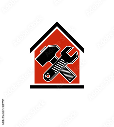 Spanner and mallet crossed, vector industrial utensil, building construction. Simple house with work tools, workshop. Home reconstruction idea, for use in web design.