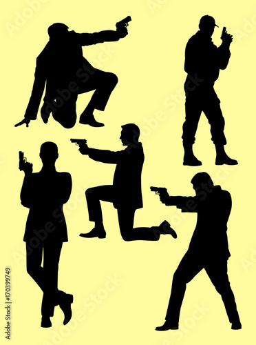 Detective, police, security, secret agent  gesture silhouette 02. Good use for symbol, logo, web icon, mascot, sign, or any design you want.