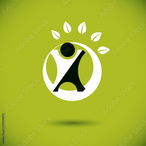 Vector illustration of excited abstract  man with raised reaching up. Go green idea creative logo. Healthy lifestyle metaphor. Vegetarian theme icon.