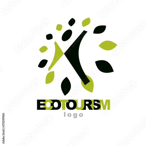 Vector illustration of joyful abstract individual with raised hands up. Ecotourism conceptual logo. Environmental conservation theme icon. Green ecology metaphor.