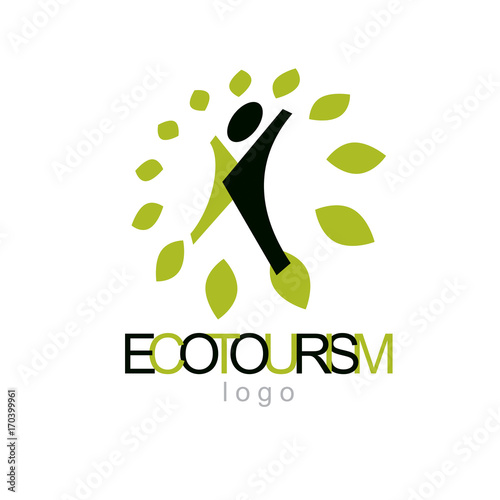 Vector illustration of joyful abstract individual with raised hands up. Ecotourism conceptual logo. Environmental conservation theme symbol.