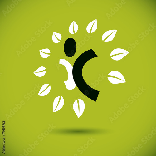 Vector illustration of excited abstract person with raised hands up. Go green idea creative logo. Healthy lifestyle metaphor. Vegetarian theme icon.