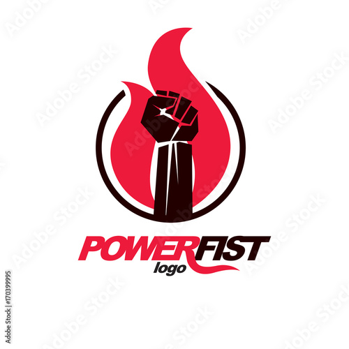 Vector illustration of clenched fist in the burning fire. Power and authority conceptual logo