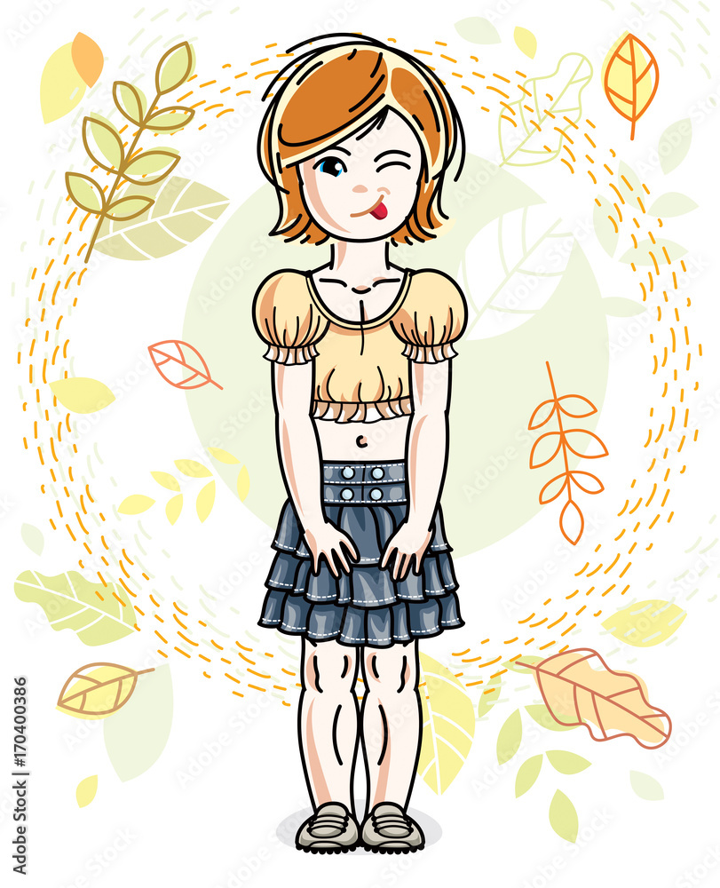 Cute happy little red-haired girl posing on background of autumn landscape and wearing fashionable casual clothes. Vector character. Cute happy little red-haired girl posing on background of autumn landscape and wearing fashionable casual clothes. Vector character.