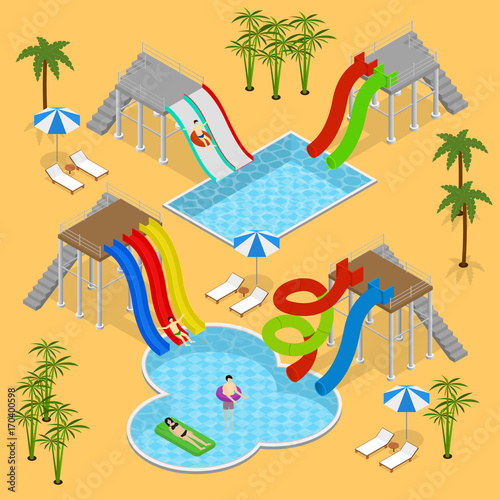 Aqua Park Concept Isometric View. Vector