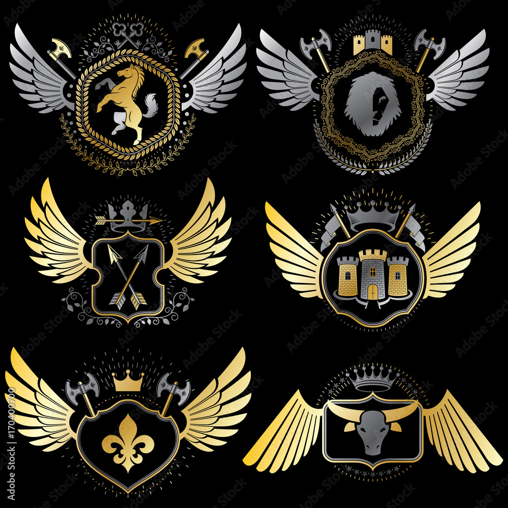 Collection of vector heraldic decorative coat of arms isolated on white and created using vintage design elements, monarch crowns, pentagonal stars, armory, wild animals.