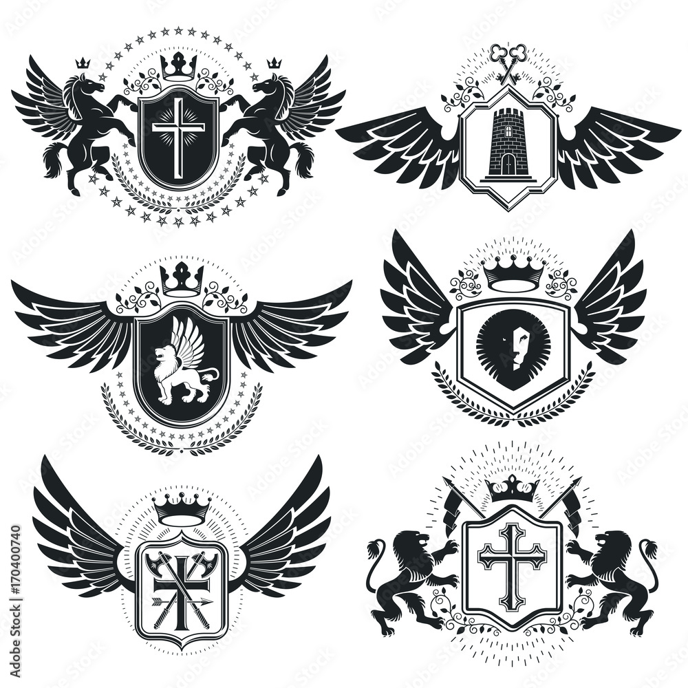 Luxury heraldic vectors emblem templates. Vector blazons. Classy high quality symbolic illustrations collection. Luxury heraldic vectors emblem templates. Vector blazons. Classy high quality symbolic illustrations collection.