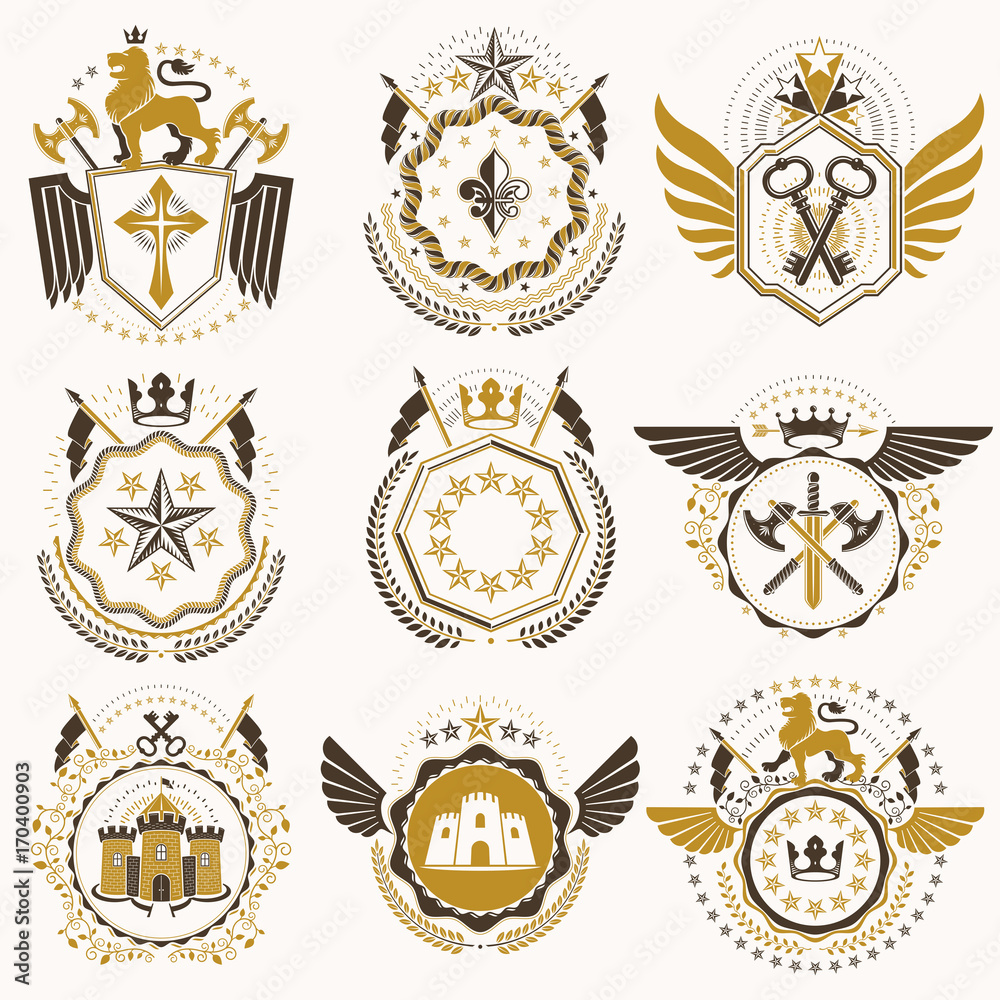 Collection of vector heraldic decorative coat of arms isolated on white and created using vintage design elements, monarch crowns, pentagonal stars, armory, wild animals. Collection of vector heraldic decorative coat of arms isolated on white and created using vintage design elements, monarch crowns, pentagonal stars, armory, wild animals.
