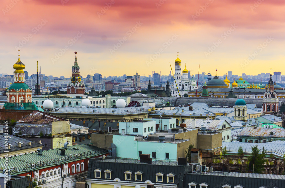 Cityscape view of the city Moscow at sunset with popular historical places and architectural buildings scenery colorful sky