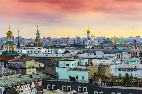 Cityscape view of the city Moscow at sunset with popular historical places and architectural buildings scenery colorful sky