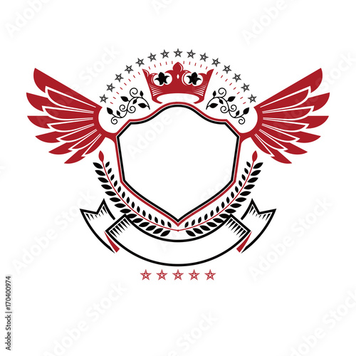 Graphic winged emblem composed with royal crown element, laurel wreath and pentagonal stars. Heraldic Coat of Arms decorative logo isolated vector illustration.