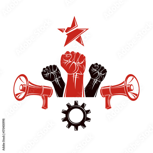 Raised clenched fists vector illustration composed with loudspeakers equipment and engineering cog wheel. Propaganda as the means of manipulation and control