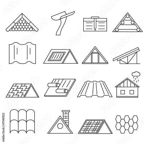 Concept House Roof Construction Thin Line Icon Set. Vector