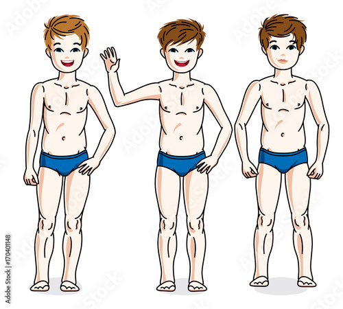 Happy young teenager boys posing in blue underwear. Vector kids illustrations set. Childhood and family lifestyle clip art.