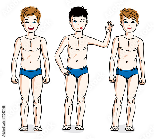 Happy young teenager boys posing in blue underwear. Vector kids illustrations set.