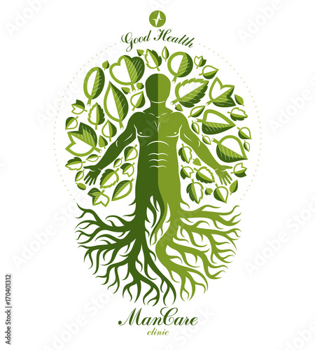 Vector illustration of individual, mystic character composed with tree roots and leaves. Vegetarian lifestyle concept.