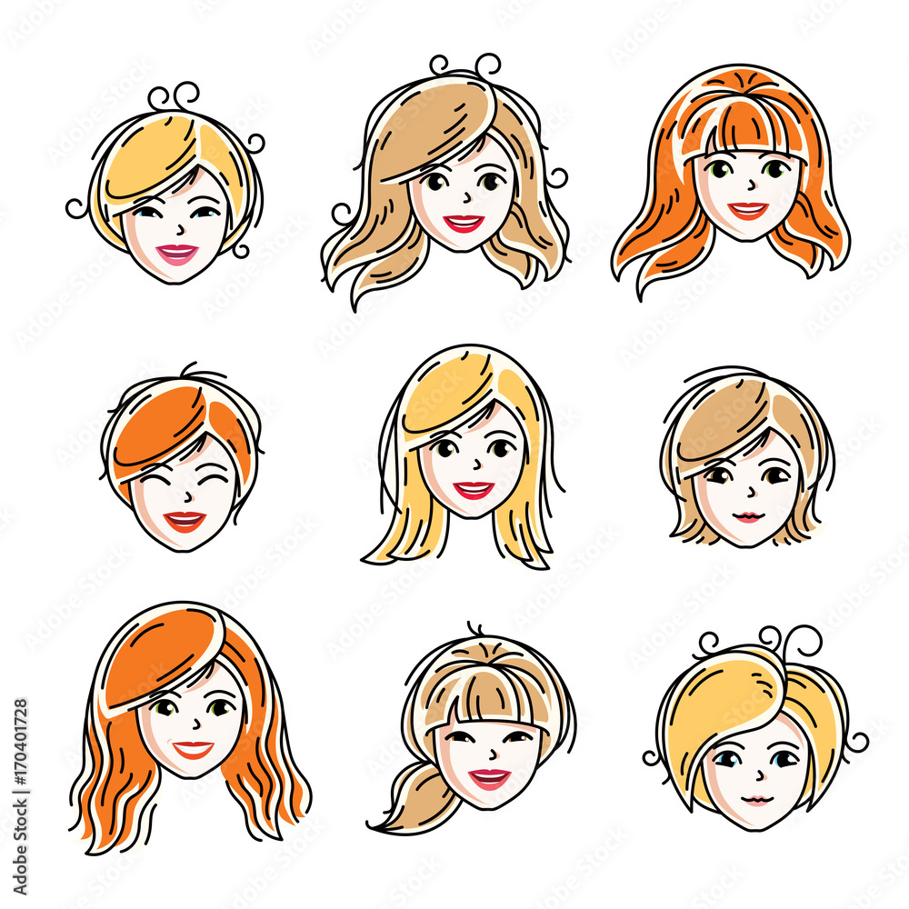 Set of women faces, human heads. Different vector characters like redhead and blonde females, attractive ladies face features collection. Set of women faces, human heads. Different vector characters like redhead and blonde females, attractive ladies face features collection.