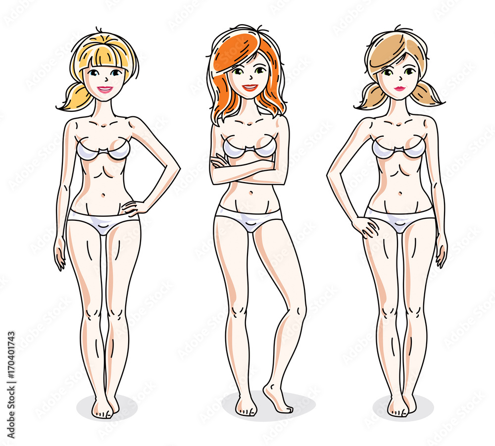 Attractive young women group standing in white underwear. Vector people illustrations set. Slim female with perfect body. Attractive young women group standing in white underwear. Vector people illustrations set. Slim female with perfect body.