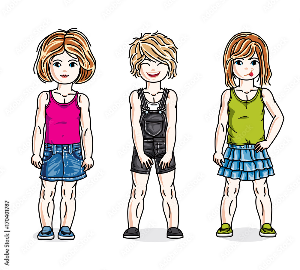 Little girls cute children group standing in stylish casual clothes