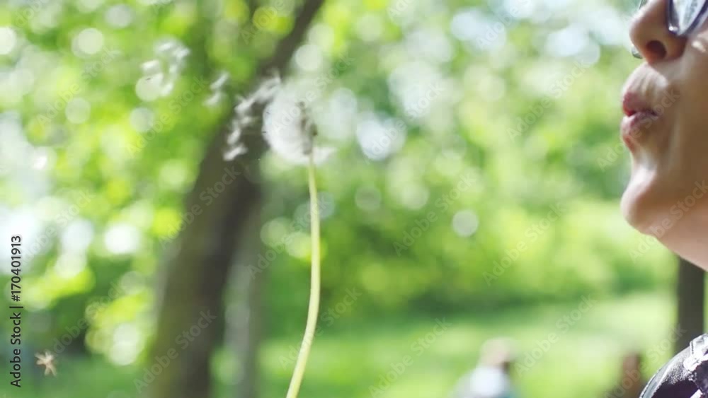 Slow motion of dandelion being blown by beautiful mature woman wearing glasses enjoying sunny day in the park. 1920x1080 Slow motion of dandelion being blown by beautiful mature woman wearing glasses enjoying sunny day in the park. 1920x1080
