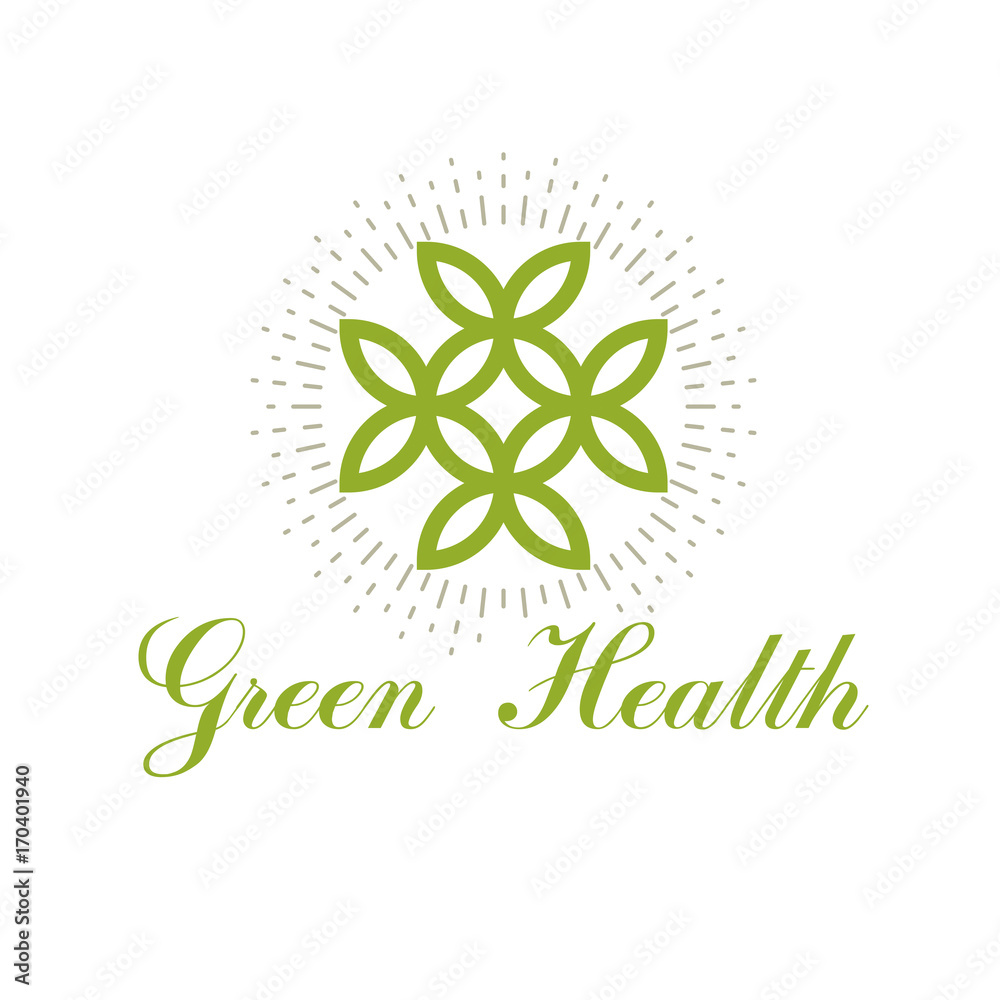 Green spring leaves vector symbol for use in medical and social theme advertisement. Wellness and harmony symbolic emblem. The flower of life. Green spring leaves vector symbol for use in medical and social theme advertisement. Wellness and harmony symbolic emblem. The flower of life.