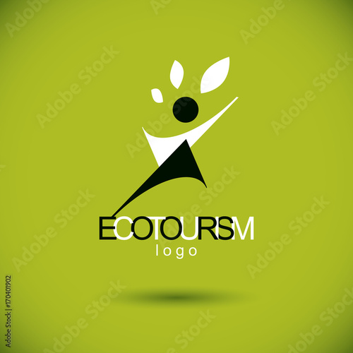 Vector illustration of joyful abstract individual with raised hands up. Ecotourism conceptual logo. Environmental conservation theme logotype. Green tourism symbol.