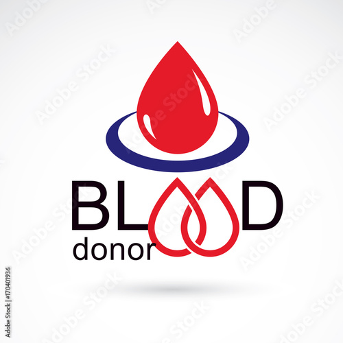 Blood donor inscription isolated on white. Vector red blood drops. Save life and donate blood. Medical care emblem.