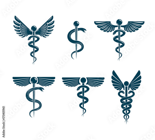 Vector winged Caduceus illustrations collection. Pharmacology and healthcare idea emblems.
