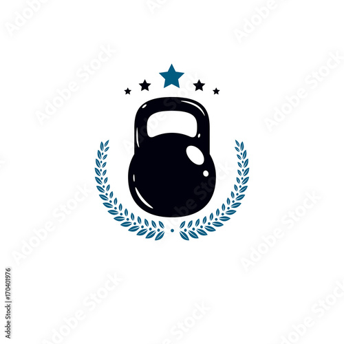Gym and fitness logo template, vintage style vector emblem. With kettlebell.