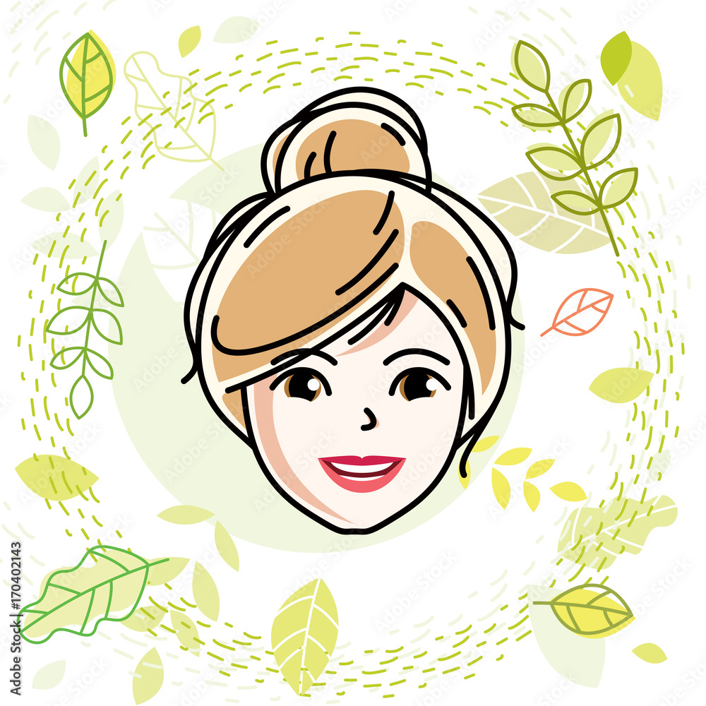 Caucasian woman face expressing positive emotions, vector human head illustration. Attractive blonde female with stylish haircut poses on spring season theme background.