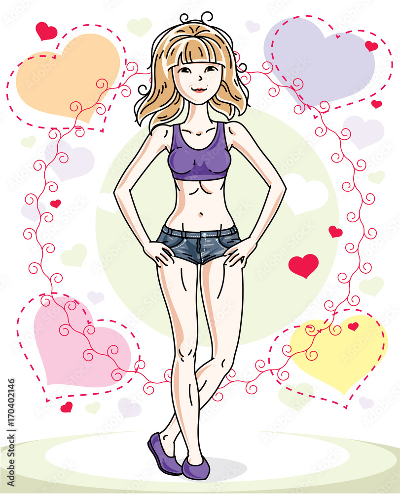 Young beautiful blonde woman standing on colorful backdrop with romantic hearts and wearing casual clothes. Vector character. Young beautiful blonde woman standing on colorful backdrop with romantic hearts and wearing casual clothes. Vector character.