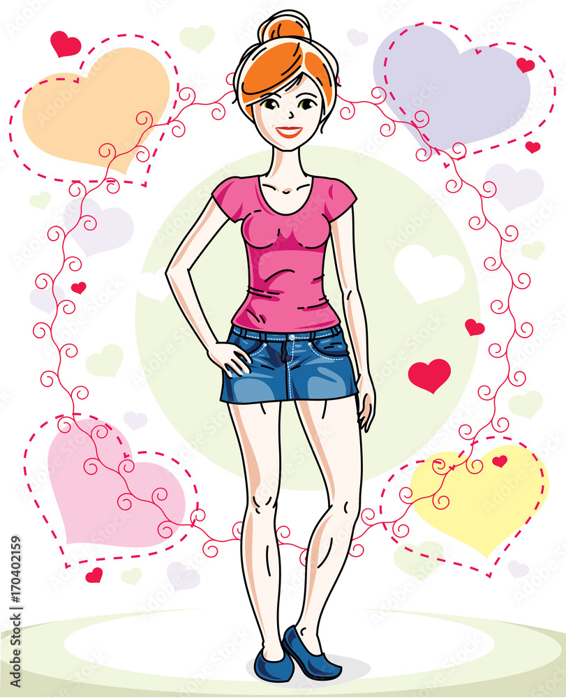 Attractive young red-haired woman adult standing on colorful backdrop with Valentine romantic hearts in casual clothes. Vector human illustration.