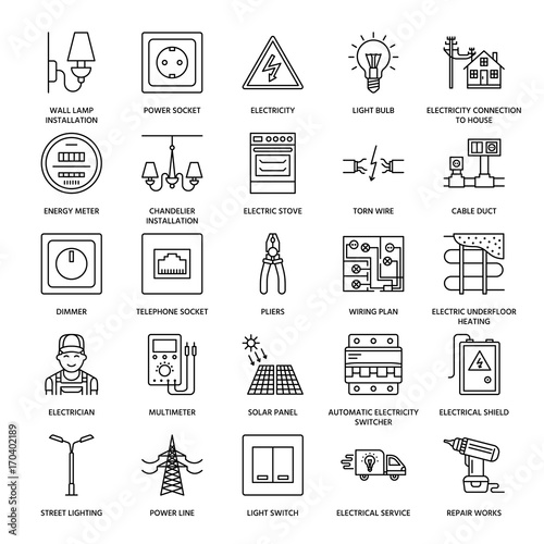 Electricity engineering vector flat line icons. Electrical equipment, power socket, torn wire, energy meter, lamp, wiring design, multimeter. Electrician services signs, house repair illustration.