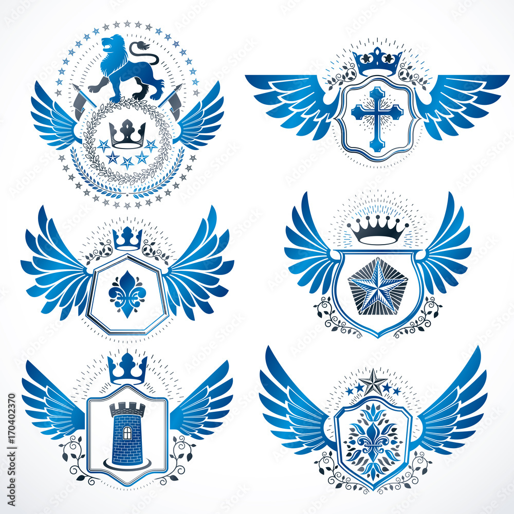 Collection of vector heraldic decorative coat of arms isolated on white and created using vintage design elements, monarch crowns, pentagonal stars, armory, wild animals. Collection of vector heraldic decorative coat of arms isolated on white and created using vintage design elements, monarch crowns, pentagonal stars, armory, wild animals.