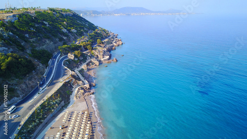 August 2017: Aerial drone photo of Rodos town peninsula with famous resorts and turquoise clear waters, Rhodes island, Aegean, Dodecanese, Greece