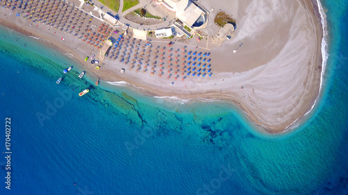 August 2017: Aerial drone photo of Rodos town peninsula with famous resorts and turquoise clear waters, Rhodes island, Aegean, Dodecanese, Greece